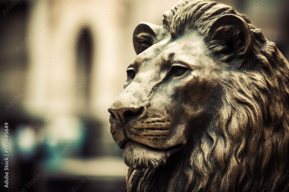 majestic lion statue standing in front of a grand building. Generative AI