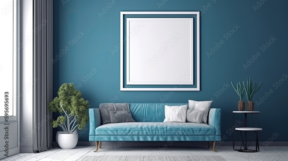 A blue living room with a blank empty painting frame on a wall . Generative AI A blue living room with a blank empty painting frame on a wall . Generative AI