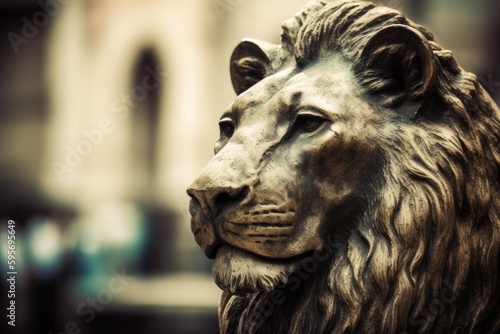 majestic lion statue standing in front of a grand building. Generative AI © AkuAku