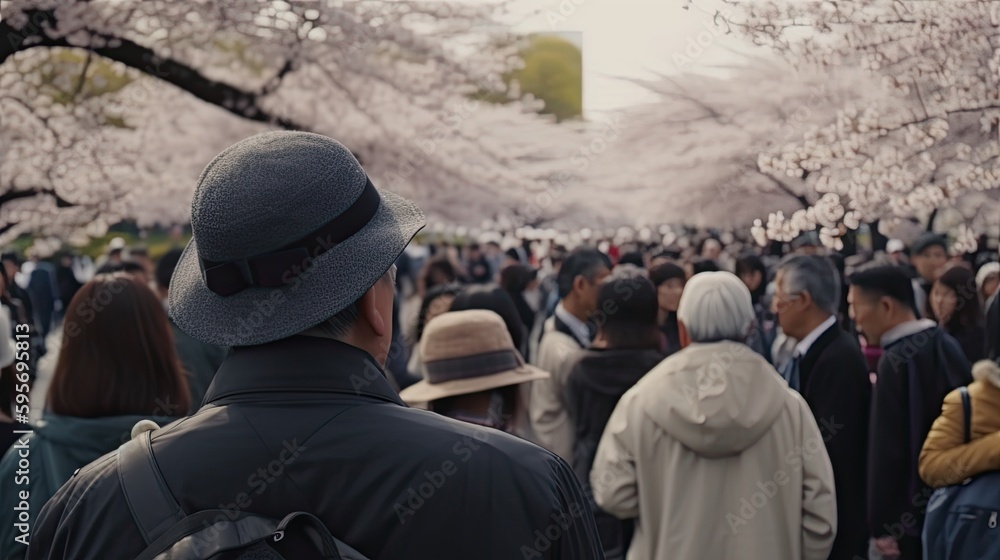 people admiring the cherry blossom trees in full bloom during the annual Cherry Blossom Festival in Tokyo. Generaive AI