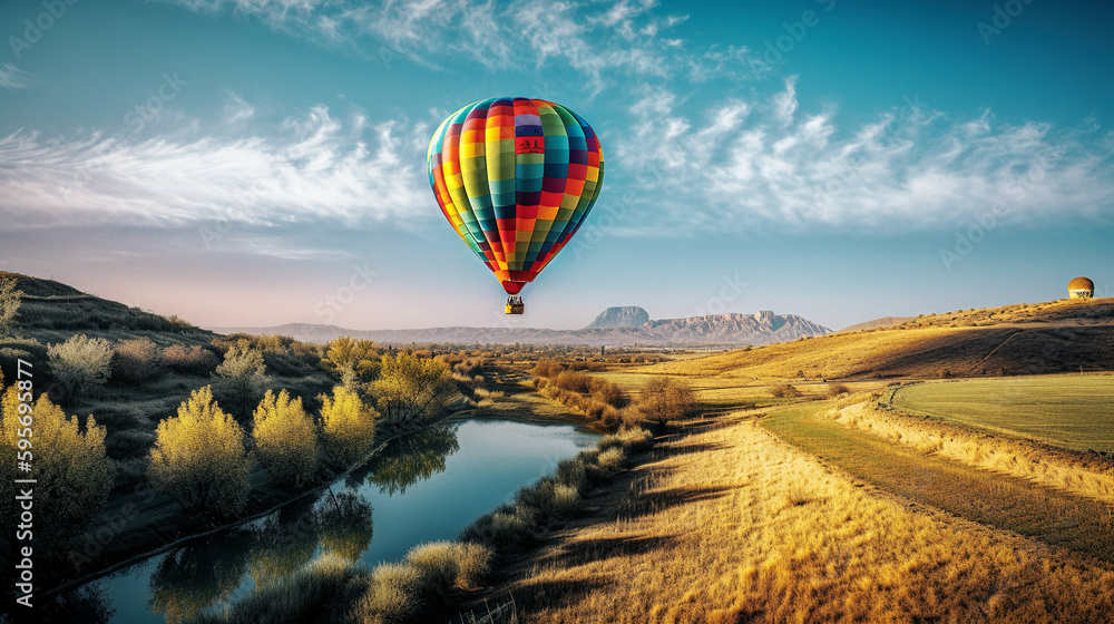 A colorful hot air balloon floating high in the sky over a picturesque landscape - generative AI