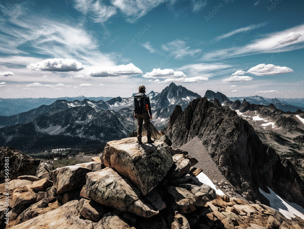 A hiker standing on a rocky outcrop, gazing out at a breathtaking mountain view- generative AI A hiker standing on a rocky outcrop, gazing out at a breathtaking mountain view- generative AI