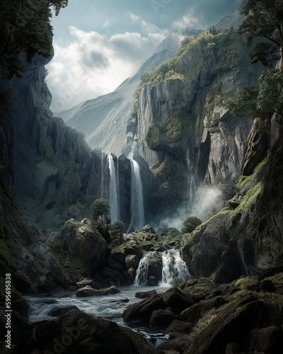 A stunning natural landscape with a waterfall cascading down from a high cliff into a basin below - generative AI