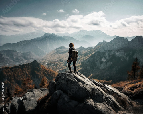 A hiker standing on a rocky outcrop  gazing out at a breathtaking mountain view- generative AI