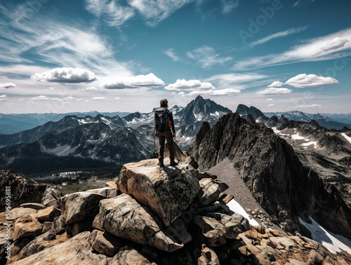A hiker standing on a rocky outcrop, gazing out at a breathtaking mountain view- generative AI
