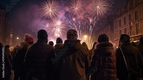 Friends celebrate the Scottish Hogmanay with fireworks. Generative AI