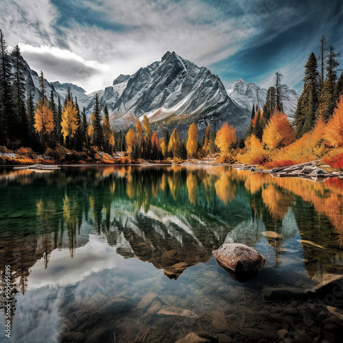 Autumn Reflections: Snowy Mountains and Majestic Trees Mirrored in a Serene Lake - generative AI