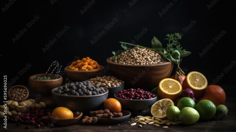Health food for fitness concept with fruit, vegetables, pulses, herbs, spices, nuts, grains and pulses on black background. Generative AI