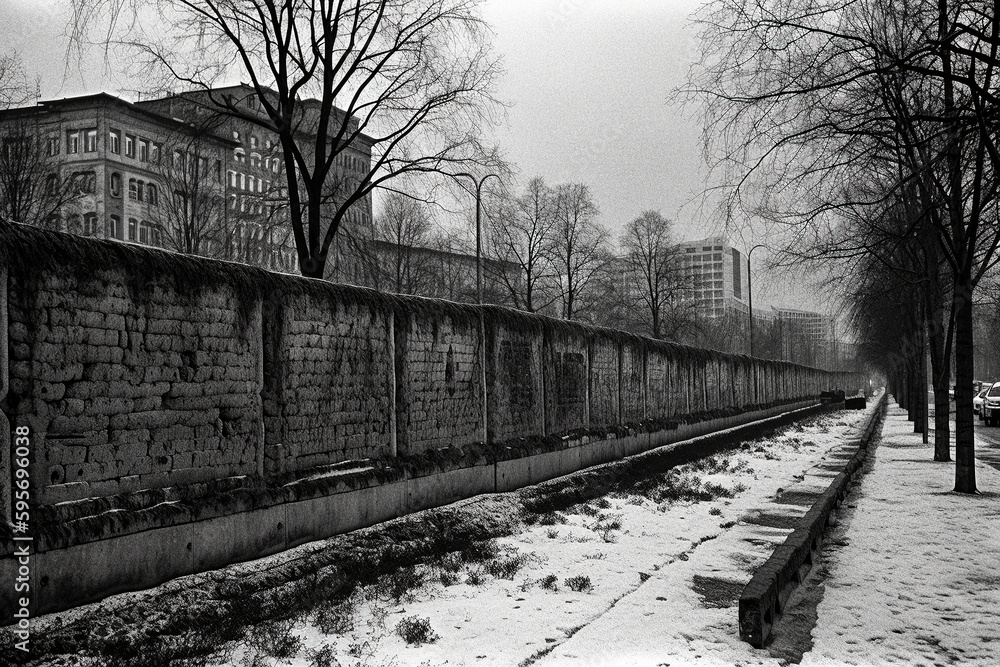 Remnants of Division: A Somber Black and White Photo of the Berlin Wall - generative AI
