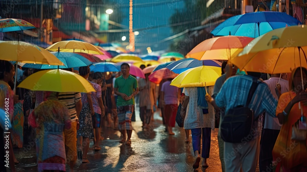 People with colorful umbrellas in the rain, Generative AI