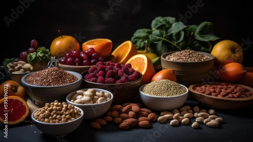 Health food for fitness concept with fruit, vegetables, pulses, herbs, spices, nuts, grains and pulses on black background. Generative AI