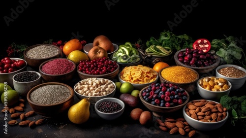 Health food for fitness concept with fruit, vegetables, pulses, herbs, spices, nuts, grains and pulses on black background. Generative AI