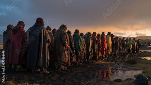 Iceland people practice satra revival at sunrise. Generative AI © Mockup Station