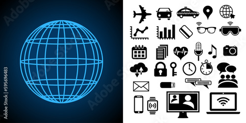 Illustration d’une sphère planétaire avec une collection d’icônes d’objets connectés à internet ( IOT ) utilisés pendant vos voyage : voiture, tchat, wi-fi, ordinateur, etc.