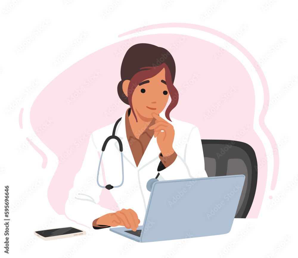 Young Female Doctor Character Sitting At Desk, Typing On Laptop, Focused On Providing High-quality Patient Care Young Female Doctor Character Sitting At Desk, Typing On Laptop, Focused On Providing High-quality Patient Care