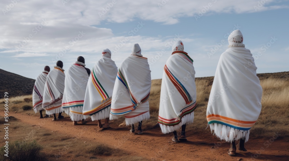 Xhosa initiates (abakhwetha) on their journey to manhood,covered in white long blankets. Generative AI