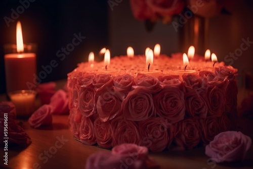 Rose-covered pink cake with lit candles for the occasion. Generative AI