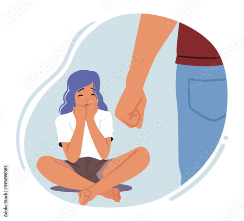 Father's Fist Raised Over Crying Daughter Sitting on Floor, Representing Physical Or Emotional Abuse, Fear