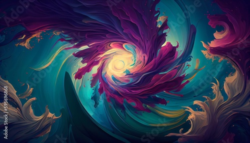 Ethereal Cosmic Nebula Abstract Background, Fluid Intertwining Colors, Blue, Purple, Magenta Hues, Golden Halo, Soothing Teal, Depth & Movement, Toon Shading, Flat Colors, High-Res 8K. Generative AI