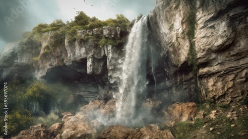 Beautiful waterfall crushing down the cliff. Generative AI 