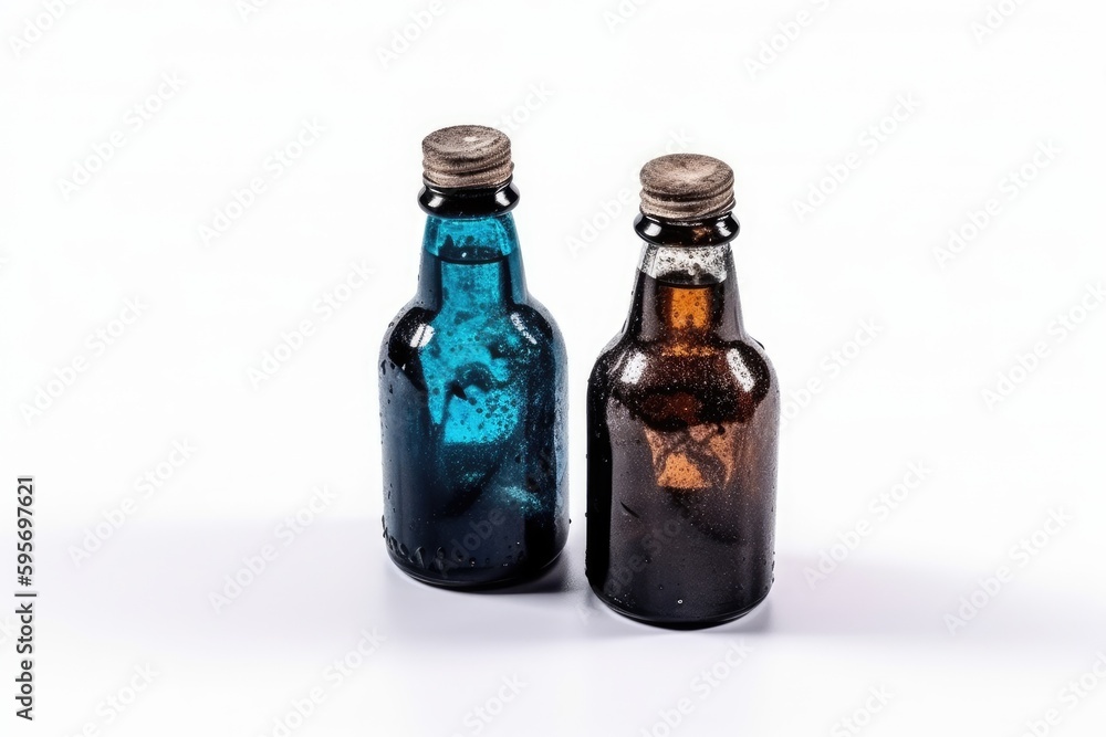 two glass bottles placed side by side on a white background. Generative AI two glass bottles placed side by side on a white background. Generative AI