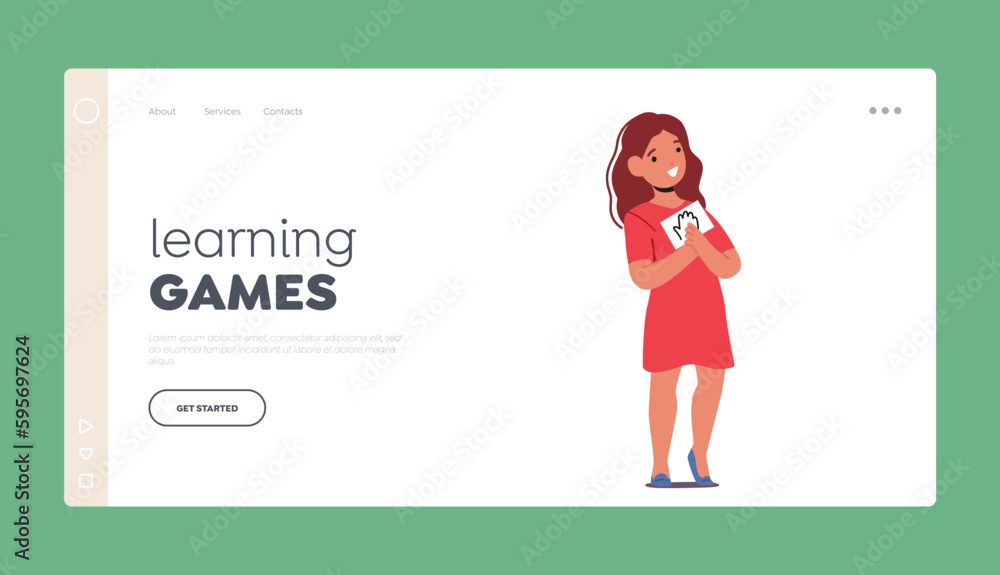 Learning Games Landing Page Template. Cute Little Girl Character Show Card With Hand-drawn Human Hand Learning Games Landing Page Template. Cute Little Girl Character Show Card With Hand-drawn Human Hand