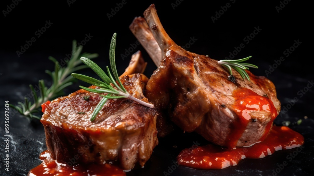 Rack of lamb Lamb chops with rosemary, freshly grilled. Generative AI