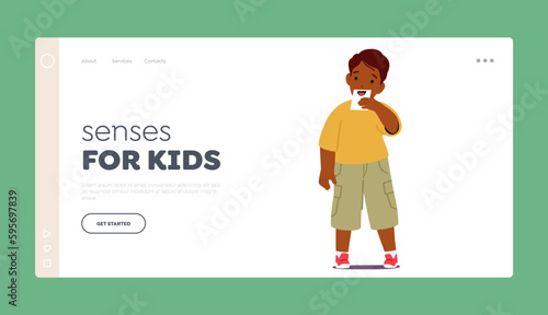 Senses for Kids Landing Page Template. Little Boy Character Displays His Drawing Of The Mouth. Human Five Sense Organs
