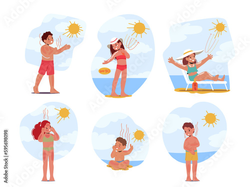 Set Concept of Children's Skin Sunburn Cause Redness, Pain, And Blisters due to Overexposure To The Sun Uv Rays