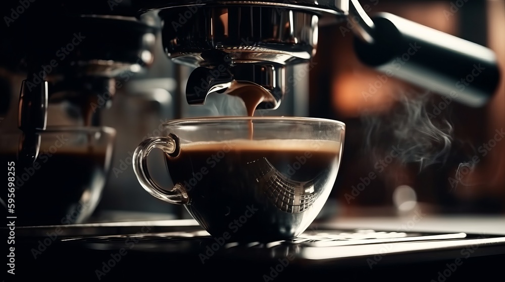 Espresso pouring from coffee machine at cafe close-up. Al generated