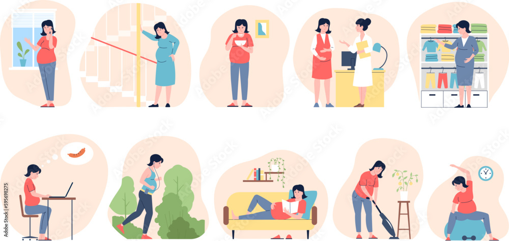 Pregnant woman daily routine. Exercises, health activity and diet. Pregnancy female tired, doctor visit and sport training recent vector scenes