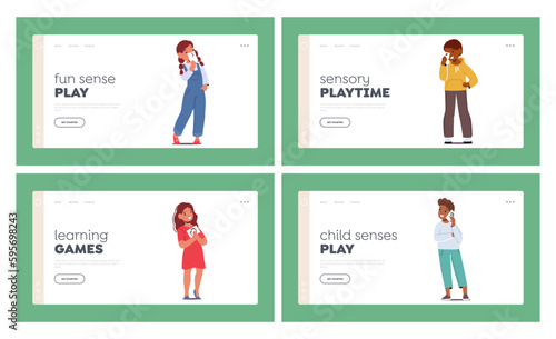 Kids Representing Human Sensitive Organs Landing Page Template Set. Cute Little Children Show Five Senses Flash Cards