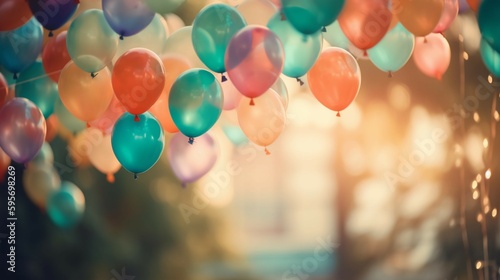 Pastel colorful balloons blur bokeh background. Pastel colorful bokeh background. AI generative