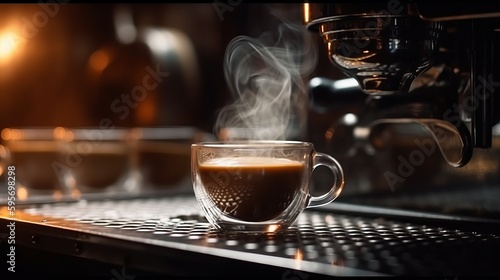 Espresso pouring from coffee machine at cafe close-up. Al generated