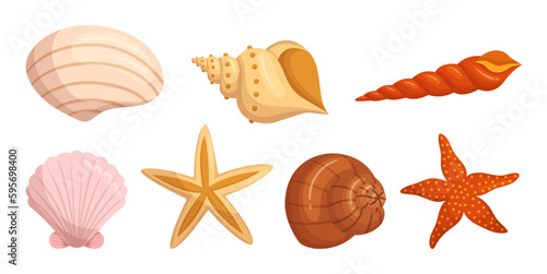 Seashells And Starfish Set Isolated On White Background. Shells Adding Touch Of The Ocean To Any Decor