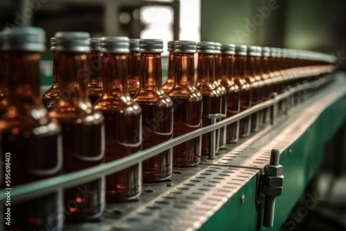 Automatic production line fills glass bottles with cognac. Generative AI