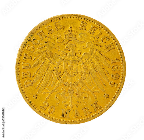 Goldmünze im Wert von 20 Mark aus dem Deutschen Reich mit dem reichsadler vom Ende 19. Jahrhundert photo