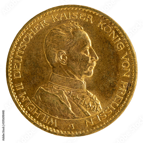 Goldmünze aus dem deutschen Reich von 1914: Wilhelm II, deutscher Kaiser, König von Preussen im Profil in Uniform photo
