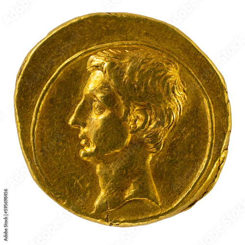 wertvolle antike römische Münze aus Gold, auf der Kaiser Augustus im Profil abgebildet ist