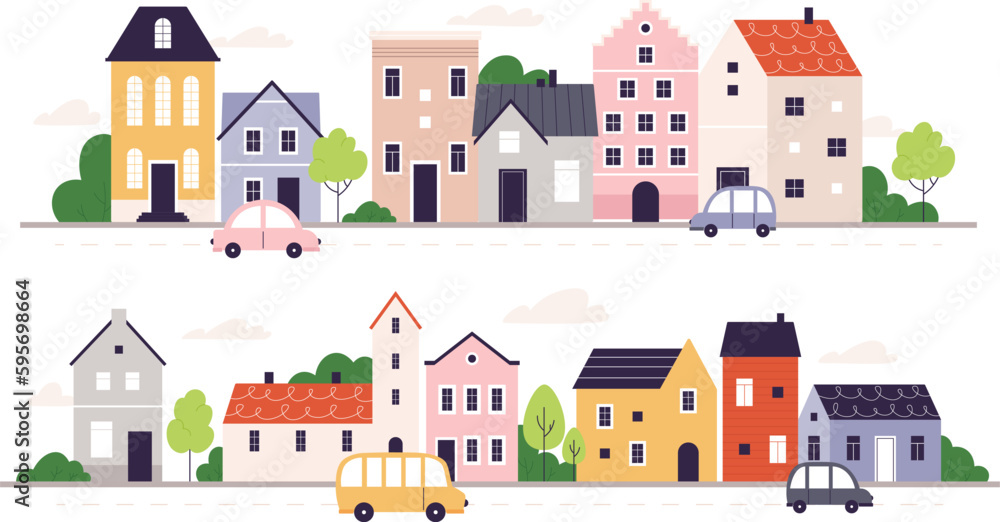 Urban street with house, suburban neighborhood with apartment buildings. Flat houses, europe style residential landscape, racy vector borders