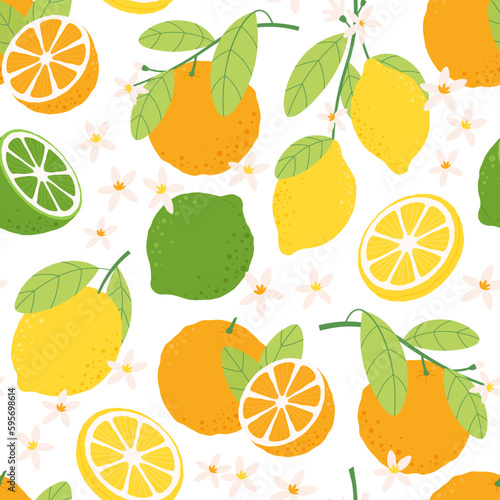 Fototapeta Naklejka Na Ścianę i Meble -  Citrus lemon seamless pattern. Print oranges and limes, decorative bright summer background. Tropical fruits backdrop, fresh racy vector texture