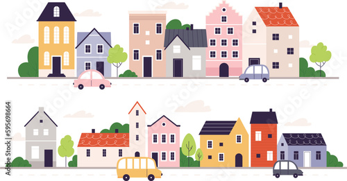 Urban street with house, suburban neighborhood with apartment buildings. Flat houses, europe style residential landscape, racy vector borders