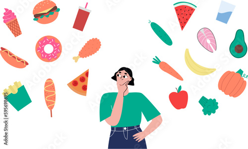 Healthy vs fast food, nutrition bad and good. Woman thinking about menu, sweets and desserts. Diet choice, think eating. Sapid vector lifestyle concept