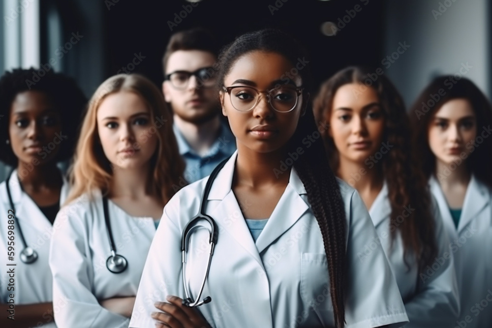 group of young female doctors African American, european and Asian, looking at camera, created with Generative AI Technology group of young female doctors African American, european and Asian, looking at camera, created with Generative AI Technology