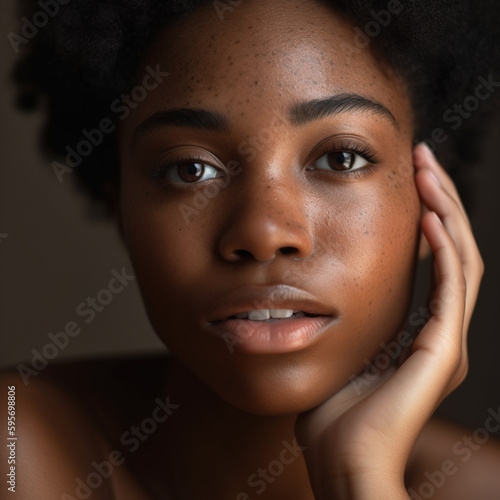 Portrait of an african African young woman with curly hair and freckles, created with Generative AI Technology