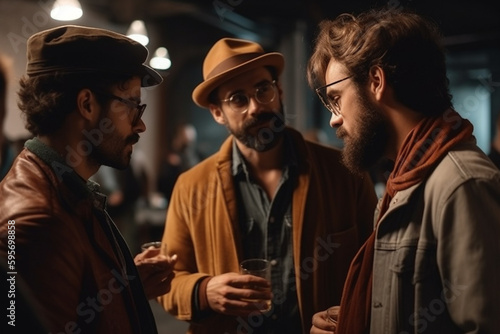 Group of hipsters males talking to each other on party in evening, created with Generative AI Technology