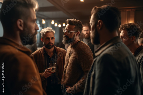 Group of hipsters males talking to each other on party in evening, created with Generative AI Technology