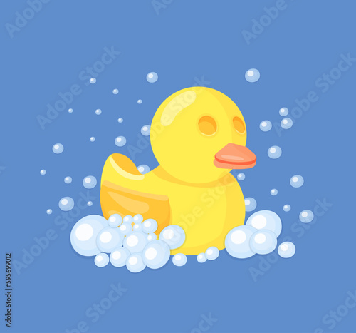 Yellow bath duck, children toy for bathtime. Traditional toys, kids nursery vector decorative elements. Duck in cartoon soap bubbles