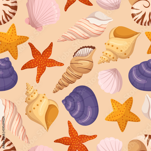 Seamless Pattern With Seashells And Starfishes, Bright Beachy And Aquatic Design. Perfect For Summer And Coastal Project