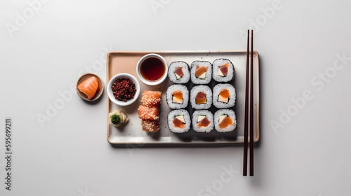 Sushi with chopsticks. On a white surface. Top down view. Generative AI technology.